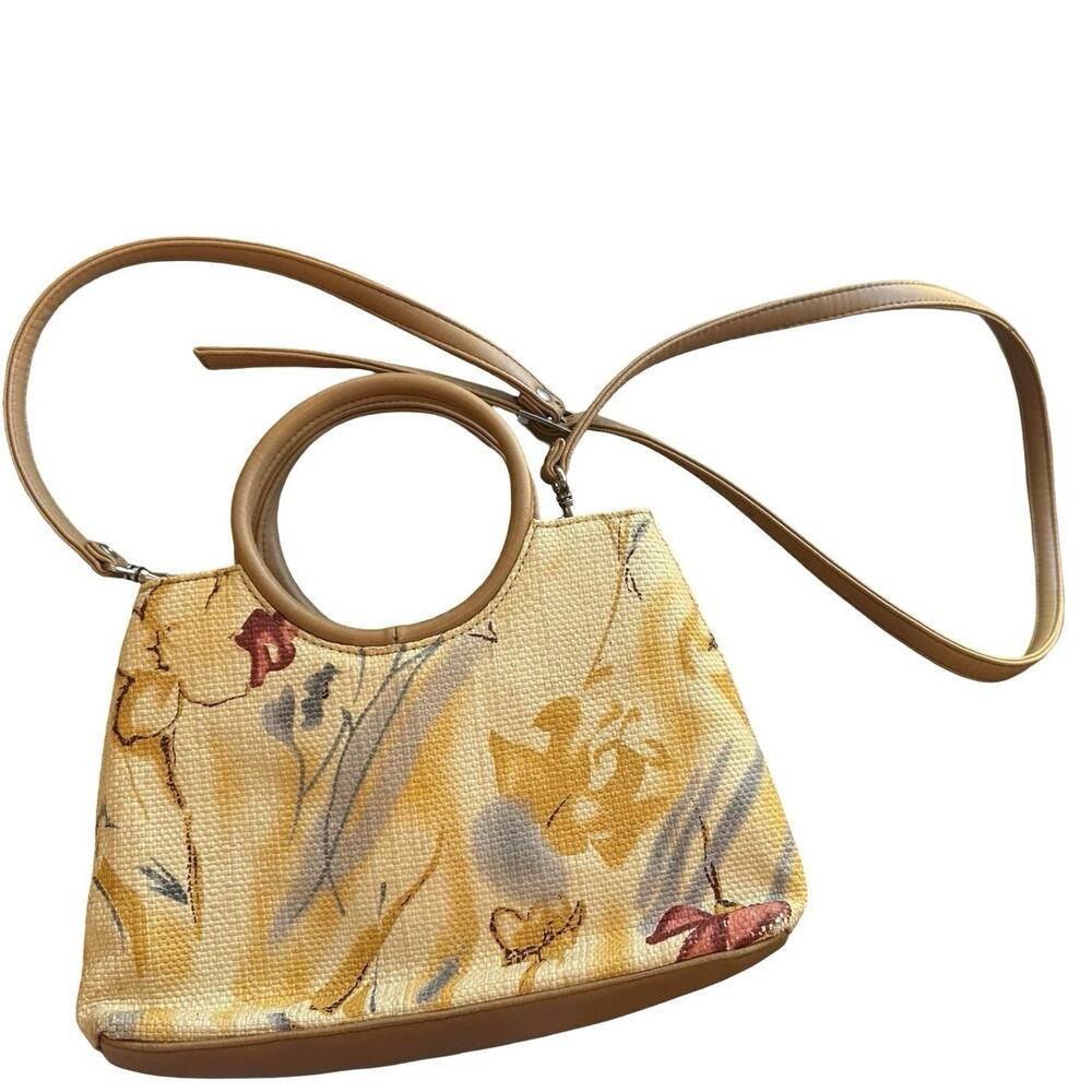 Vintage Watercolor Floral Ring Handle Crossbody Bag Y2K Faux Leather Boho Yellow